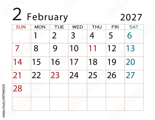 2027年カレンダー　2月 ⑵