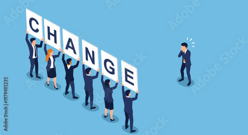 Corporate team holding signs spelling the word change while an employee reacts with shock and hesitation illustration for strategy.