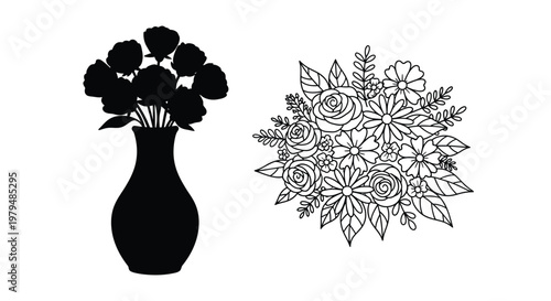 Floral arrangements in black a vase and a detailed bouquet silhouette