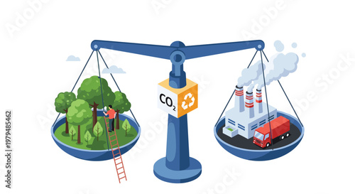 Environmental balance scale weighing a lush forest against industrial factory pollution for sustainable future concept and ecology.