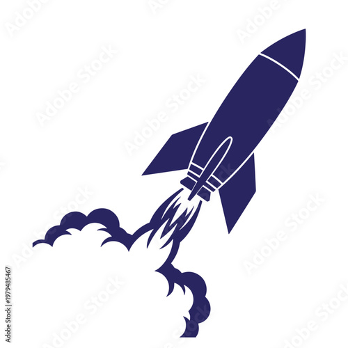 Dark blue rocket ship launching with white outline and exhaust flames spaceship navy blue