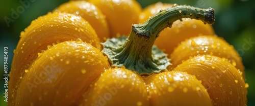 Close-Up of Fresh Yellow Bell Pepper with Water Droplets in a Garden Setting