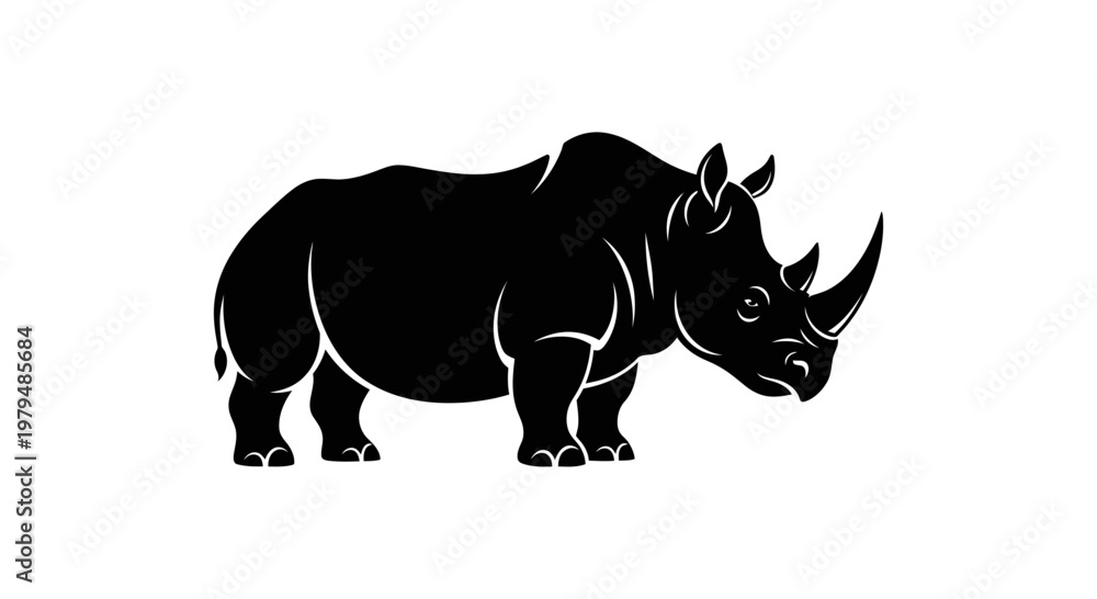 Fototapeta premium Black Silhouette of a Rhinoceros on a White Background