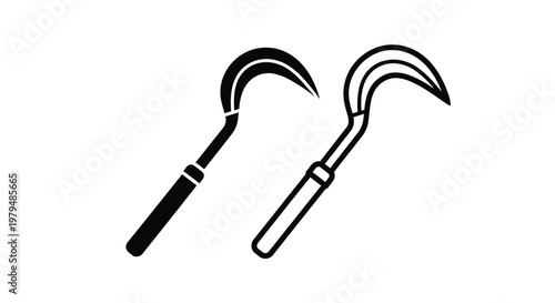 Two curved scythes are displayed in a striking black silhouette