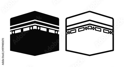 Two views of the kaaba building in mecca black and white silhouette