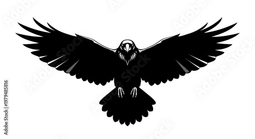 Silhouette of a black raven with outstretched wings against a white background.