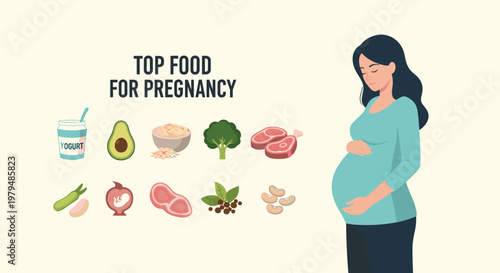 Healthy nutrition guide for expectant mothers showing top food for pregnancy and essential vitamins illustration for prenatal health.