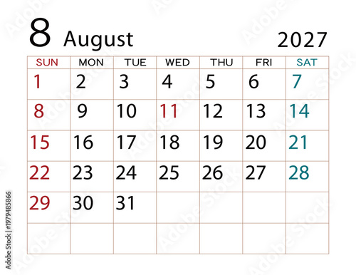 2027年カレンダー　8月 ⑵