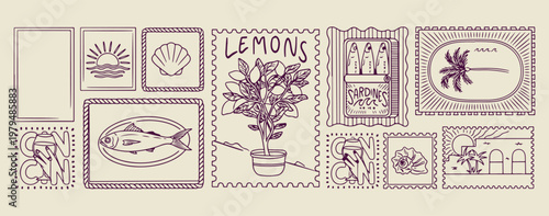 Lemon tree and citrus fruit illustration, hand drawn mediterranean botanical sketches, decorative garden orchard and plant doodles, artistic summer fruit and lemon icons, minimalist organic nature and