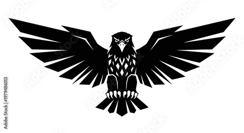 Black silhouette of a predatory bird with open wings, vector logo