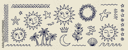 Celestial sun and moon mystical art, hand drawn esoteric and astrology doodles, decorative tarot and zodiac theme sketches, artistic bohemian celestial design elements, minimalist cosmic and galaxy li