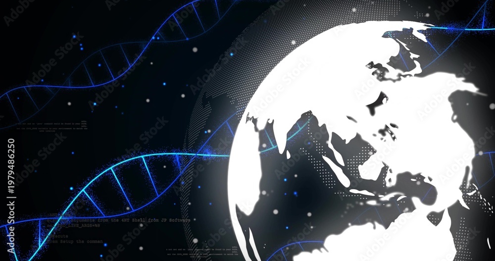Fototapeta premium Featuring stylized white Earth globe over dotted mesh in cyberspace, with glowing blue DNA strands
