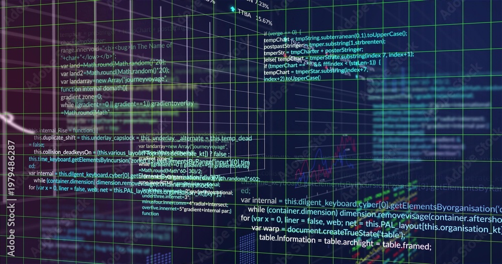 Naklejka premium Rendering centered teal-green 3D grid with code snippets, waveforms, nodes on virtual dashboard