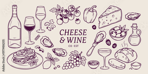 Cheese and wine tasting gourmet set, hand drawn appetizer and grape sketches, decorative winery and vineyard theme doodles, artistic charcuterie board design elements, minimalist wine bottle and chees