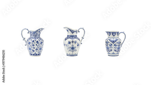 Classic blue ceramic pitcher with decorative patterns, suitable for vintage and home decor themes.