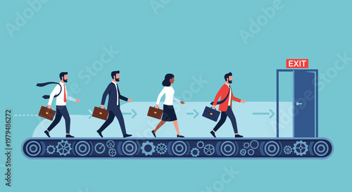 Corporate employees moving along a conveyor belt towards an exit door representing job loss or retirement concept for career change.
