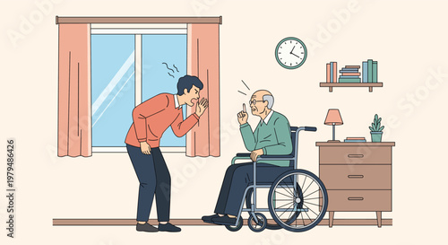 Conflict between generations featuring a young man shouting at an elderly person in a wheelchair inside a room for family arguments.