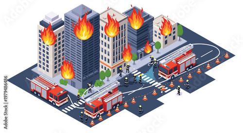 Firefighters and emergency services responding to large building fires in a city with fire trucks and water hoses for disaster rescue.