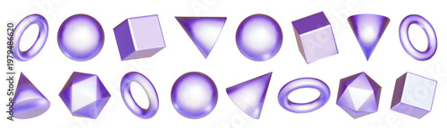 3D purple shapes, holographic rectangular element. Metal icon sphere ball with triangular cone. Solid y2k rainbow pyramid circle. Math geometric objects, abstract pastel figure. Bubble glossy tube