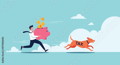 Businessman running away while holding a piggy bank and being chased by a dog with the word tax on it for financial stress concept.
