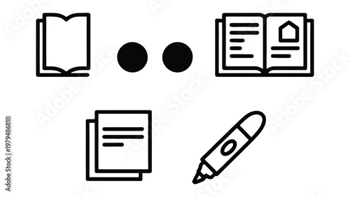 Literary Elements Icons: Simple and minimalistic line icons representing the essence of literature, a pen, an open book, and some paper.