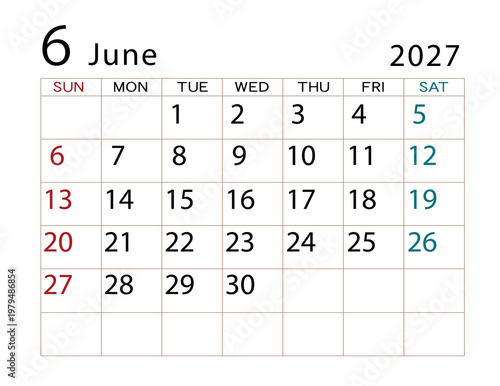 2027年カレンダー　6月 ⑵