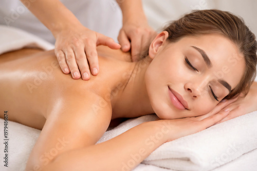 a person is getting a back massage close-up, empty space for text, template, photo background, layout, banner, advertising