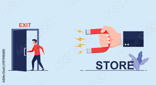 Marketing strategy concept shows a giant hand using a horseshoe magnet to attract a customer attempting to leave through an exit door.