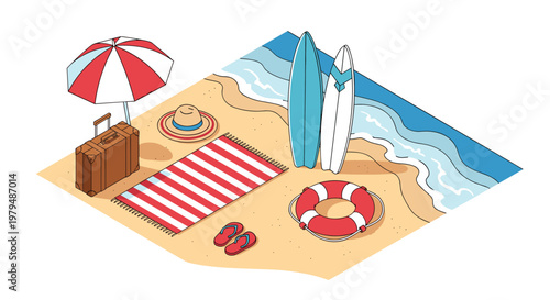 Isometric view of a sandy beach shore features essential travel items like surfboards, a sun umbrella, suitcase, beach mat, and lifebuoy ring.
