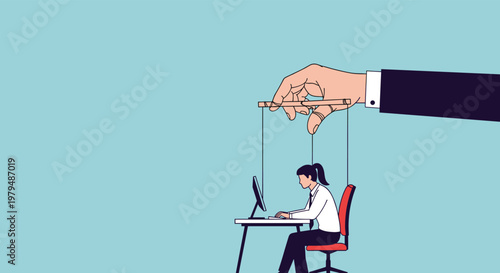 Concept of workplace control or manipulation shows a giant hand in a suit directing a female office worker at her desk using puppet strings.