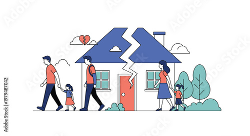 Divided family members walk away from a house that is split down the middle, symbolizing divorce, domestic conflict, and home separation.