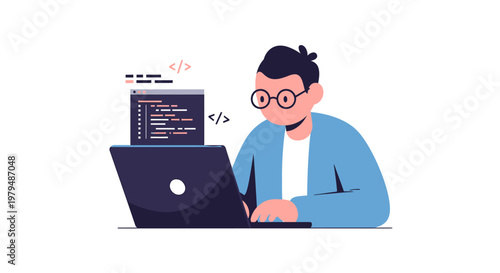 A person with glasses coding on a laptop with code displayed on the screen and on a separate monitor, illustrating the concept of software development and programming