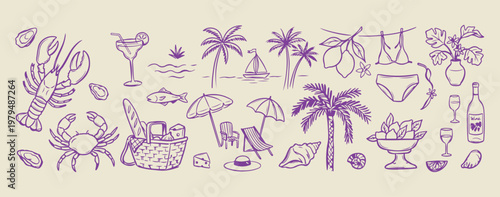Hand drawn nautical beach holiday sketches, minimalist summer vacation and ocean doodles, decorative sea shells and anchor icons, artistic tropical beach resort design elements, minimalist coastal and