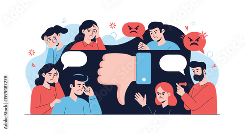 Crowd of frustrated and upset individuals express their dissatisfaction around a large blue thumbs down symbol representing negative feedback.