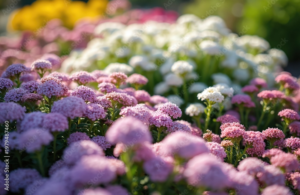 Obraz premium Pink white and yellow alyssum flowers bloom in garden bed. Small blossoms cluster on green stems in sunlight. Closeup on vibrant floral plants create soft natural background for spring.