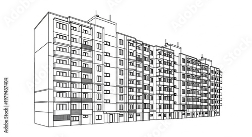 Detailed Architectural Sketch of a Large Apartment Building.