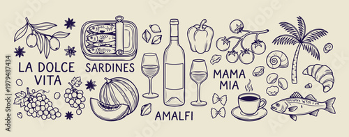 Italian food and kitchen doodle art, hand drawn Mediterranean cuisine and wine icons, decorative restaurant and cooking theme sketches, artistic mama mia kitchen design elements, minimalist wine bottl