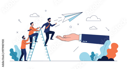 Supportive giant hand assists a business team in climbing a ladder and launching a paper airplane toward success and new heights.