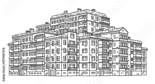 Detailed architectural sketch of a large apartment building with many windows and balconies.