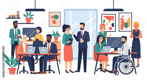 Diverse business professionals collaborating in a modern open-plan office environment, fostering teamwork, communication, and inclusive work culture among colleagues
