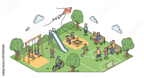 Isometric view of a vibrant children playground features kids enjoying various activities like sliding, swinging, cycling, and playing soccer.