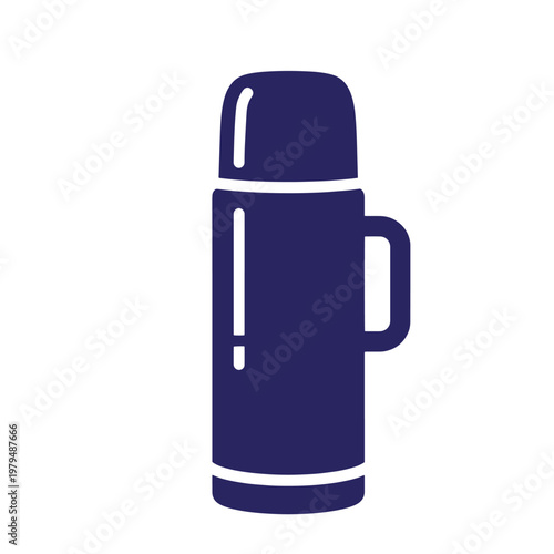 Dark blue thermos bottle with handle and lid, on white background, container