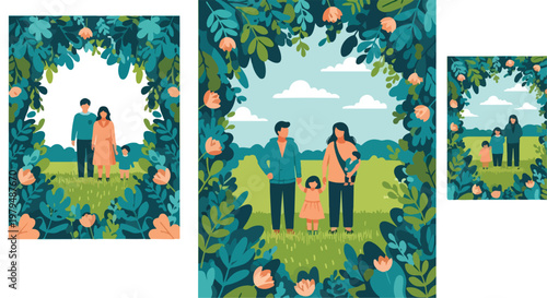 Flat vector family illustration set, happy parents and children in nature park, botanical leaf frame border, outdoor summer landscape background