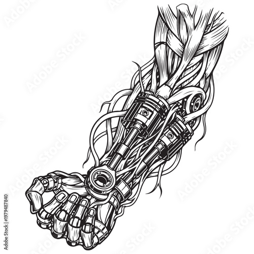 Cybernetic robotic arm with clenched fist and mechanical pistons detailed black and white vector illustration