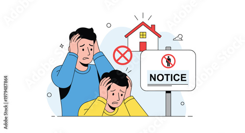 Stressed individuals show great concern and distress while looking at an eviction notice sign placed in front of their small house.