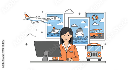 Professional travel agent sits at her office desk with transport icons like an airplane, ship, bus, and world globe displayed behind her.