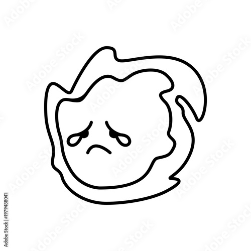 Cute & Sad Fire Emoji Black Outline Doodle Illustration. Cry Flame Smiley Mascot Character Emoticon Design
