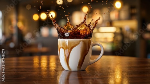 Coffee Splashing From White Cup on Wooden Table in Modern Cafe with Blurred Background