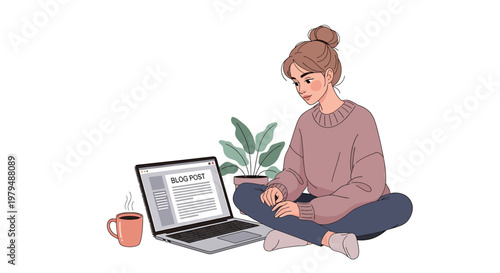 Young woman comfortably creating engaging blog content on her laptop, embracing a productive digital lifestyle from a cozy home environment