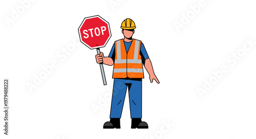 Safety First Illustrated Worker Holding Stop Sign for Traffic Control and Road Construction Management. Essential Signage for Hazard Zone Regulation and Site Access